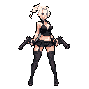 A blonde, gun-wielding female character in a revealing outfit stands ready for action, pistols drawn, against a stark black background. The pixel art evokes a sensual, action-spy vibe.
