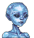 This pixel art portrait captures an alien-like figure with a melancholic expression, rendered in shimmering shades of blue and purple. The subject's direct gaze and icy palette create a serene yet vulnerable atmosphere.