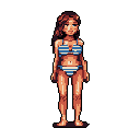 This pixel art image showcases a relaxed, brown-haired woman in a blue and white striped bikini. Her calm expression and simple design evoke a nostalgic, retro gaming feel.