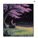A lone figure sits beneath a blossoming tree, engrossed in a book, bathed in the soft light of a tranquil night. The pixel art evokes a sense of peaceful contemplation amidst the beauty of falling petals.