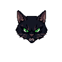 This pixel art headshot captures a snarling black cat with piercing green eyes, conveying an intense and slightly menacing vibe. The stark contrast between the dark fur and vivid gaze creates a powerful and captivating image.