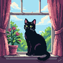 A sleek black cat with striking green eyes and a blue collar sits serenely on a windowsill, gazing out at a lush garden scene under a bright blue sky.