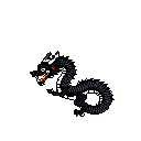 This pixel art depicts a fierce, coiled dragon-like creature snarling against a stark black backdrop. The minimalist color palette of greys, white, and a touch of orange emphasizes its power and menacing presence.