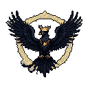 A majestic, dark bird, rendered in striking pixel art, commands attention with its powerful, heraldic pose and intense gaze. Glowing golden accents highlight the bird's features and the ornate emblem behind it, creating a regal and mystical feel. The image evokes power and nobility through its dramatic color contrast and stylized design.
