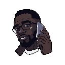 This pixel art portrait captures a dark-skinned man in a bust shot, engrossed in a phone call while holding his smartphone. The understated color palette and focused composition highlight the everyday moment of communication.