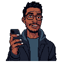 This pixel art portrait features a smiling man with glasses, holding a smartphone. His modern, casual style is rendered in a muted color palette, creating a friendly and approachable digital image.