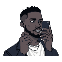 A young Black man is depicted in pixel art, intently listening to a phone call with a thoughtful expression. The close-up focuses on his engagement, highlighted by muted tones and subtle details like his chain and hand gestures. The void background keeps the focus on the subject.