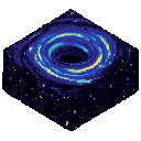 This pixel art showcases a luminous, isometric spiral galaxy swirling against a star-filled void. Bright blues, greens, and purples accentuate the galaxy's vibrant arms as they coil toward a dark, mysterious core. The image evokes a sense of cosmic grandeur and timeless beauty.