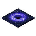 This pixel art depicts a mesmerizing black hole, its swirling rings of purple and blue light drawing matter into a central void. Set against a star-dusted plane, the image evokes a sense of cosmic wonder and ominous power.