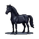 This pixel art image showcases a proud and elegant black horse in a dignified pose against a stark black background. The detailed shading and subtle highlights capture the horse's powerful form and flowing mane, conveying a sense of timeless beauty. A small white star on its forehead draws the eye to its attentive expression.