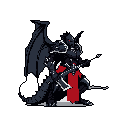 A menacing, pixelated dragon-like boss dominates the image with its glowing red eyes and armored form. The creature, reminiscent of retro games, stands ready with a bladed weapon, exuding power and ominous intent. The stark black background amplifies its imposing presence.