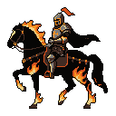 A pixel art image portrays a knight in dark armor, emblazoned with a fiery 'H', riding a horse wreathed in ethereal flames against a stark black void. The scene evokes a sense of dark fantasy, power, and mystique.