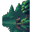 A lone, dark-haired fisherman sits peacefully by a calm lake, rod in hand, immersed in the tranquil beauty of the surrounding evergreen forest. The pixel art scene captures a moment of serene solitude and connection with nature.