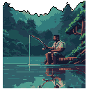 A lone pixel art fisherman sits patiently on a wooden dock, casting his line into the tranquil waters of a dense forest. The serene scene evokes a feeling of peaceful solitude.