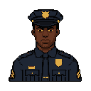 This pixel art portrait depicts a stern, dark-skinned police officer in a navy uniform, highlighted by striking gold insignia and eyes. The classic style and serious expression evoke a sense of authority and determination.