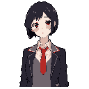 This pixel art portrait features a young woman with striking red eyes and a charcoal blazer, her slightly pensive expression creating a subdued and introspective mood. The limited palette and simple style emphasize her facial features and the contrasting red accents.