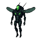 This pixel art depicts a teal and grey robotic insectoid figure with bright green accents, poised and ready. Its articulated limbs and insect wings suggest advanced, potentially ominous technology.