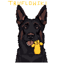 This pixel art portrait features a happy black German Shepherd, named "TRUFLOWSKI", proudly holding a bright yellow toy in its mouth. The endearing image focuses on the dog's charming expression and simple, pixelated details.