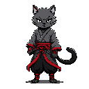 A stern, ninja-like black cat stands ready, clad in a dark gi with striking red accents. This pixel art character exudes competence and a fierce elegance.