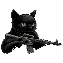 A determined black cat stares intently forward, gripping a Kalashnikov-style rifle with both paws. The pixel art image conveys a serious and slightly intimidating vibe with its stark, monochromatic palette and focused subject.