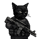 This pixel art portrait features a stoic black cat armed with a rifle and clad in tactical gear. The monochromatic image blends the unexpected pairing of a domestic animal with military equipment to create a unique and intriguing portrayal.