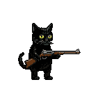 A black cat stands alert, gripping a rifle with its forepaws and staring intensely with wide yellow eyes. The stark pixel art image creates a surreal and intriguing juxtaposition of domesticity and readiness.