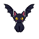 This pixel art features a charming, seated cat-like creature with bat wings and bright yellow eyes, blending cuteness with a touch of gothic whimsy. The adorable "bat-cat" sports a spiked collar and a subtle smile, creating an endearing and unique character.