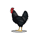 A regal pixel art rooster stands proudly in profile, its vibrant red comb and yellow beak popping against a muted black and grey body. The simple design and stark black background create a striking, retro-inspired image.