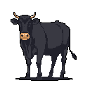 This pixel art image features a placid black bull, rendered in simple detail with subtle shading. Its tan muzzle and horns provide a striking contrast against its dark coat. The minimalist design focuses on the bull's form and neutral expression.