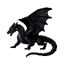 A powerful black dragon roars, wings spread in a dynamic pixel art image. The retro style and monochromatic palette create an imposing and ominous feel.
