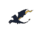 A tiny, dark pixel art dragon soars against a black backdrop, its wings flapping and fiery tail ablaze. The minimalist design and small details, like a hint of a roar, give it a charming mythical presence.