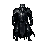 A pixelated knight in imposing plate armor stands ready, exuding power and a hint of foreboding. The monochromatic design emphasizes the figure's strength and stoicism.