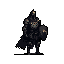 A heavily armored knight stands stoically, shield in hand, rendered in a somber pixel art style. The figure's imposing presence and muted colors hint at a world of conflict and power.