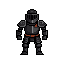 A formidable pixel art knight in dark medieval armor stands ready, visor down, with subtle red accents hinting at a hidden intensity.