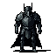 A stoic, pixelated knight in full plate armor stands vigilant, rendered in somber shades of gray and black. The detailed armor and central positioning create a foreboding and focused image.