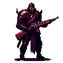 A stoic, armored knight stands ready, gripping a powerful multi-barreled weapon across their chest. Glowing eyes peer from within the helmet, completing the imposing figure in a dark fantasy/science fantasy scene.
