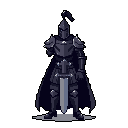 A stoic, blue-armored knight stands ready, sword in hand, emanating power and mystery. The figure's subtle gesture hints at command.