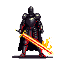 A formidable knight in dark armor stands poised, their flaming sword radiating power against a stark backdrop. The pixel art evokes a sense of mystery and potential danger.
