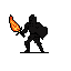 A silhouetted knight stands poised with a flaming sword, the stark contrast of orange and yellow against black creating a mysterious and ominous feel. The figure suggests a powerful warrior ready for battle.