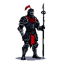 A pixel art knight in dark armor stands vigilant, spear in hand, with red accents highlighting the ominous figure. The stark color palette and strong pose evoke a feeling of strength and foreboding.