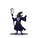 A mysterious pixel art wizard in dark robes casts a spell with a glowing staff, their face hidden beneath a pointed hat, exuding an aura of power and ominous magic.