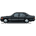 A pixel-perfect side profile showcases a classic black sedan, reminiscent of boxy European designs from the 80s/90s. Rendered in muted tones with subtle silver and orange accents, the car's angular form evokes a sense of understated nostalgia.
