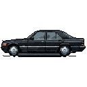 A sleek, black 80s/90s luxury sedan is captured in detailed pixel art, its angular form and classic design highlighted against a dark grey backdrop. The image evokes a sense of quiet observation, focusing solely on the car's iconic shape and features.