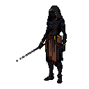 A mysterious, cloaked figure stands in the darkness, holding a wand that emits a trail of light. The pixel art character, adorned with intricate details, evokes a sense of magic and intrigue.