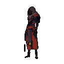 A lone, enigmatic desert wanderer or assassin stands in the void, their terracotta and grey garb hinting at resilience and mystery. Golden accents glint on their armor, adding subtle light to the otherwise somber scene. The hooded figure's watchful pose suggests a moment of quiet contemplation or readiness.