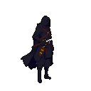 A mysterious, cloaked figure stands in the void, their face hidden in shadow, hinting at a rogue or dark traveler ready for adventure. The detailed pixel art and muted colors enhance the character's enigmatic and slightly ominous presence.