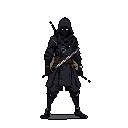 A solitary, shadowy ninja stands poised in the darkness, his piercing white eyes the only visible feature. Clad in layered dark garments and armed with a long blade, the figure exudes an aura of mystery and quiet intensity.