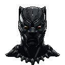 A detailed pixel art bust captures Black Panther's stoic power, showcasing his iconic vibranium suit with striking yellow eyes that pierce the darkness. The dark, intense color scheme and meticulous pixel work emphasize the character's strength and technological prowess.