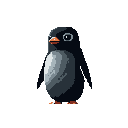 A cute, pixelated penguin with a quizzical expression stands alone against a stark black background. This simple and charming image features a cool-toned palette and emphasizes the penguin's rounded form.
