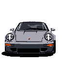 This pixel art showcases a silver Porsche 911 head-on, rendered in a grayscale palette with retro charm. Orange turn signals provide a subtle pop of color against the stark black background, highlighting the classic design.